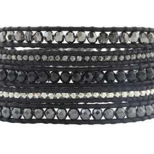 Chan Luu Black Onyx Mix Sterling Silver Gunmetal Nuggets on Black Leather Wrap